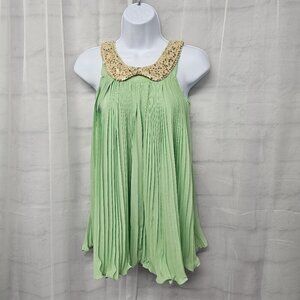 Love Me Green Tan Sequin Coquette Sheer Tank Pleated Retro Festival S